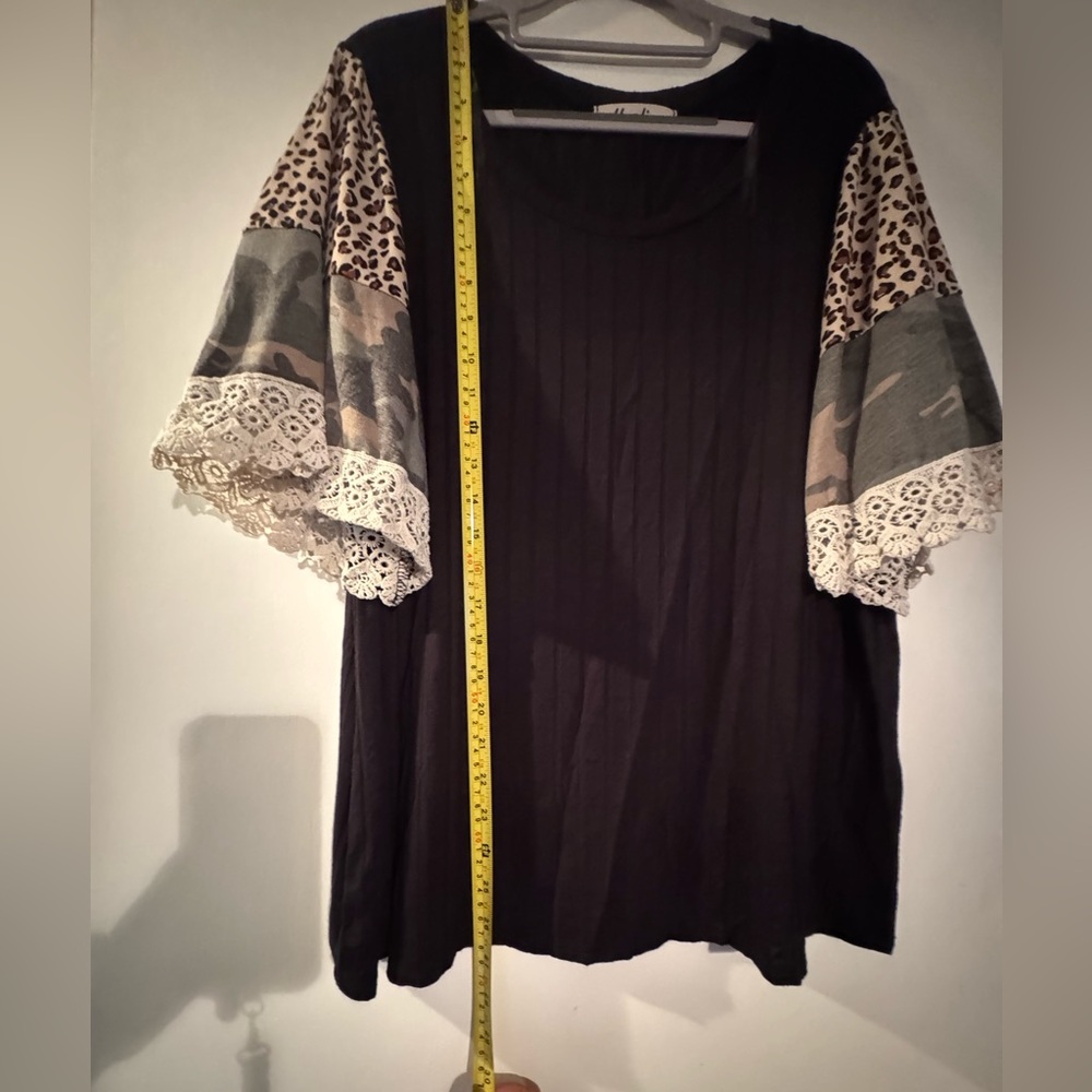 EUC Haptics Black Top with Leopard, Camo and Lace Sleeves - Picture 6 of 7